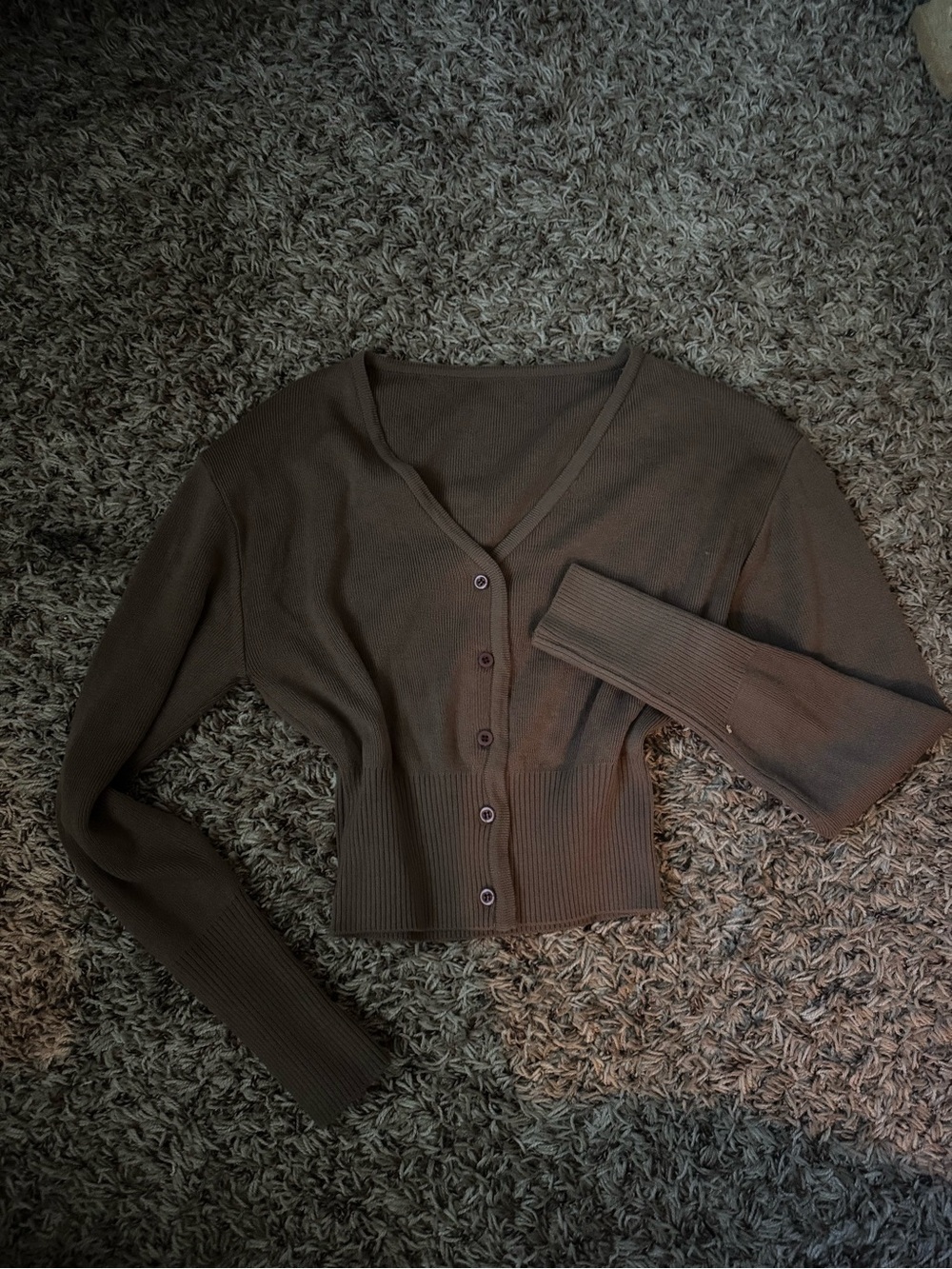 Cropped V-Neck Ribbed Button Cardigan - Brown